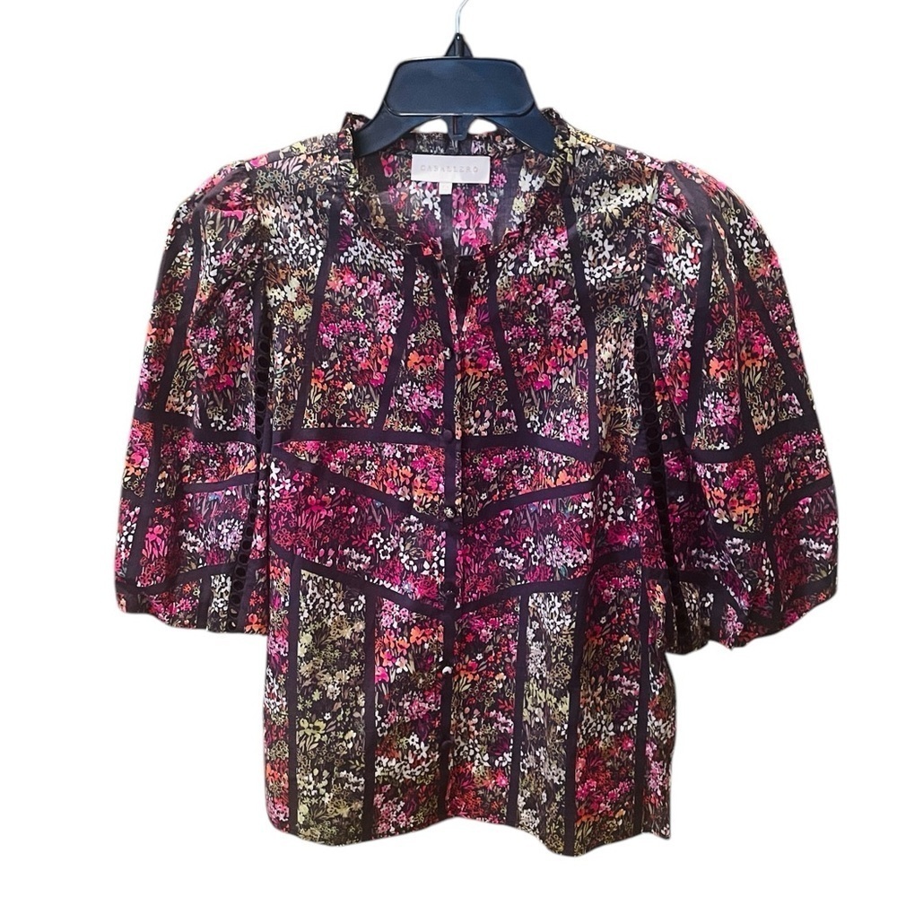 Anthropologie Caballero Celeste puff sleeve floral cotton top SZ XS black pink